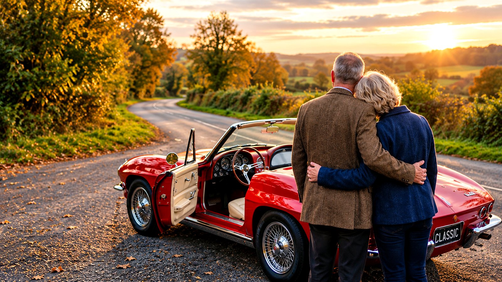 Couple admiring a red classic convertible at sunset